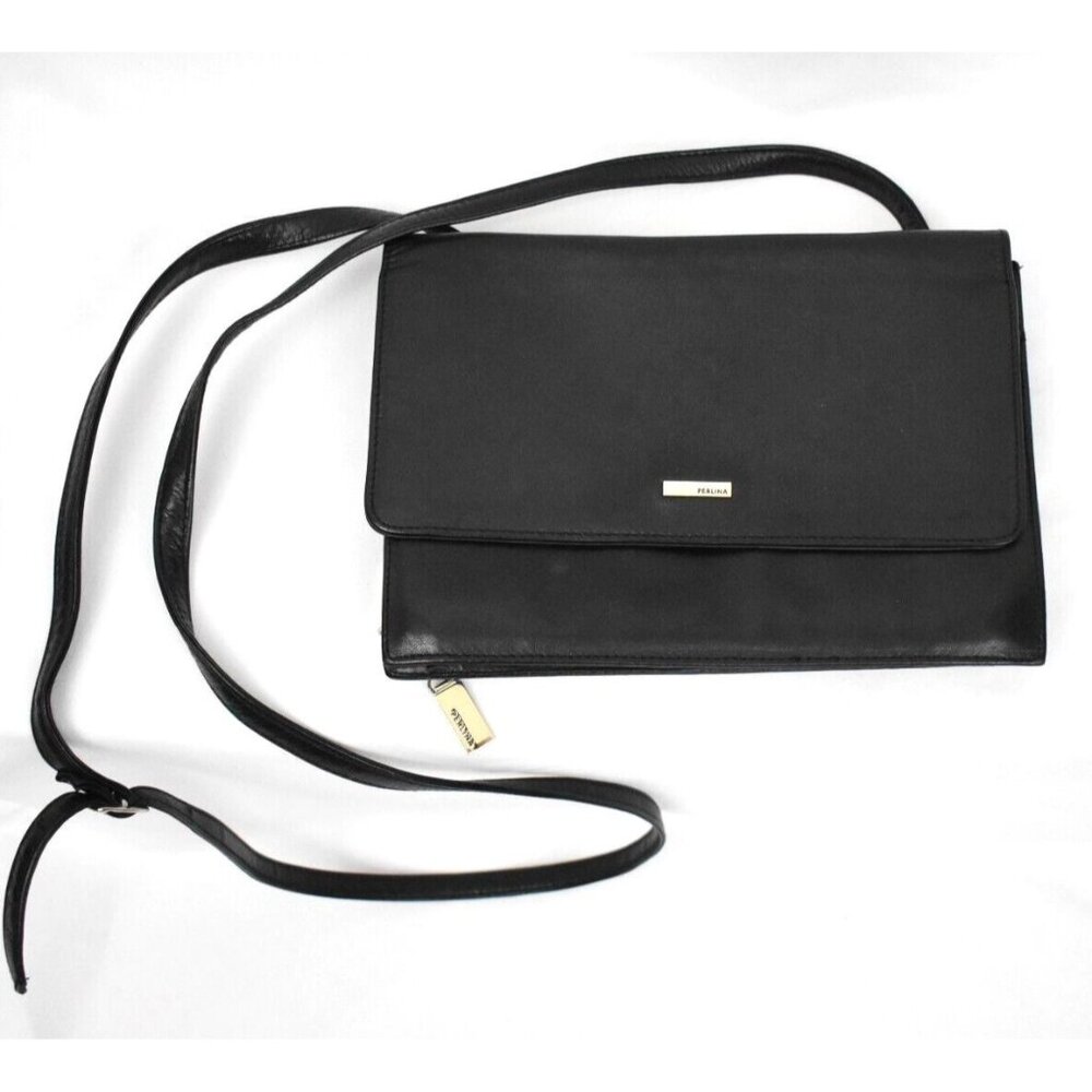 Vintage Perlina Soft Black Leather Crossbody Organizer Wallet Purse All-In-One